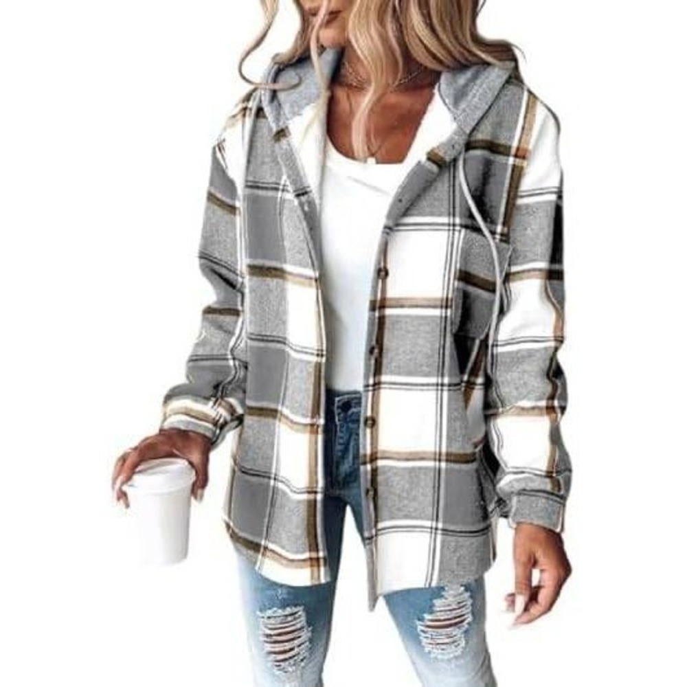Chicme Womens Plaid Flannel Shirt Jacket Hooded Sherpa Lined Casual Outerwear M
